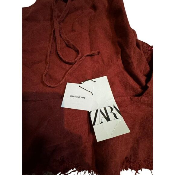 Zara Women Frayed Linen Halter Top shirt M Medium Red 4043/265 NWT - Picture 4 of 8